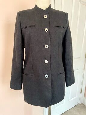 Vintage 80s Harve Bernard Womens Black Linen Long Jacket